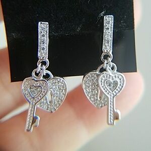 Heart & key dangling Earrings push back.